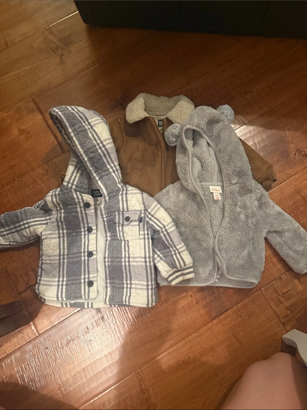 3-Piece Baby Jacket Bundle - Gray Plaid, Brown Sherpa, Gray Bear Fleece